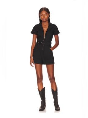 Show Me Your MuMu Short-Sleeve Romper with Braided Trim in Washed Black